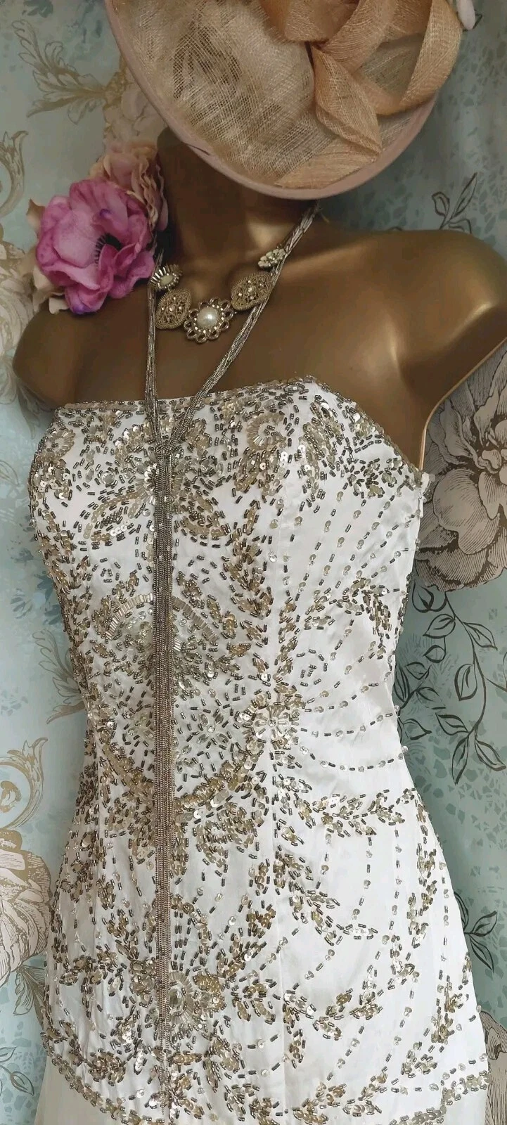 OFF WHITE Abito da ballo da sera Sue Wong avorio oro anni '20 sposa gatsby matrimonio 8