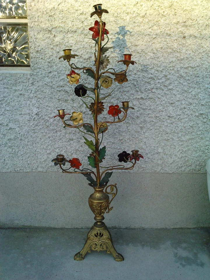 ancien candelabre eglise fleurs laiton bougeoirs chandelier  - Photo 2/4