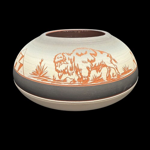 Sioux Native American Pottery Vase Little Thunder Black White Grey Buffalo