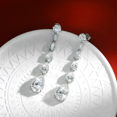 D VVS1 Pear Cut Moissanite Tassel Earrings Sterling Silver 14k White Gold Plated - Picture 7 of 11