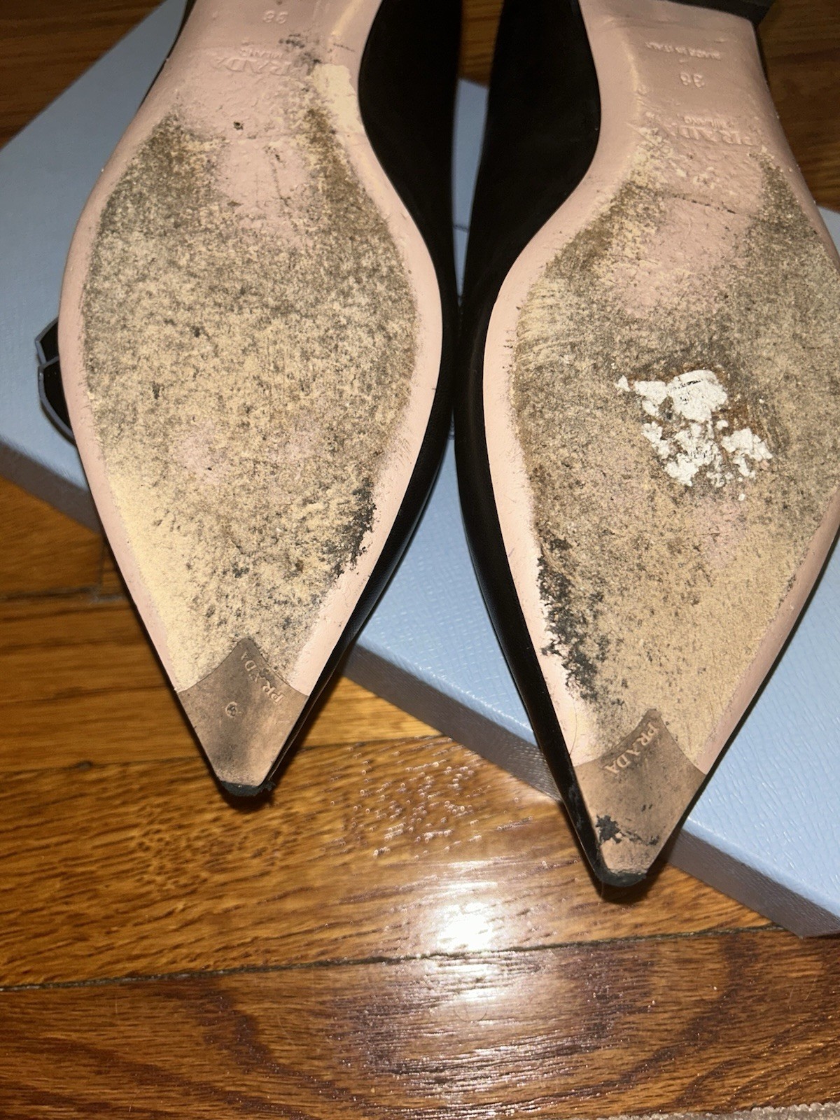 PRADA Women's Black Semi Pointed Toe Leather Flats with Blue Bow Accent - EU 38 thumbnail 9