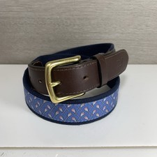 Vineyard Vines USA Blue Cotton Canvas Lacrosse Logo Leather Club Belt Sz 32  