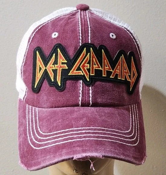 Def Leppard Hat Distressed Burgandy & White Mesh DEF LEPPARD HAT