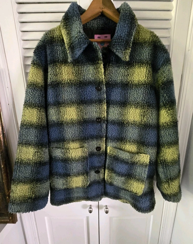 Chaqueta Sherpa UNIF Music Wilt Cuadros Azul Verde Cuadros Grunge Difuso Y2K Acogedora M Foto 2 de 4