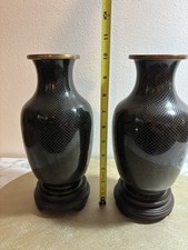 PAIR Vintage Chinese cloisonn&eacute; vases Fishscale Pattern Gold Black Base Jingea