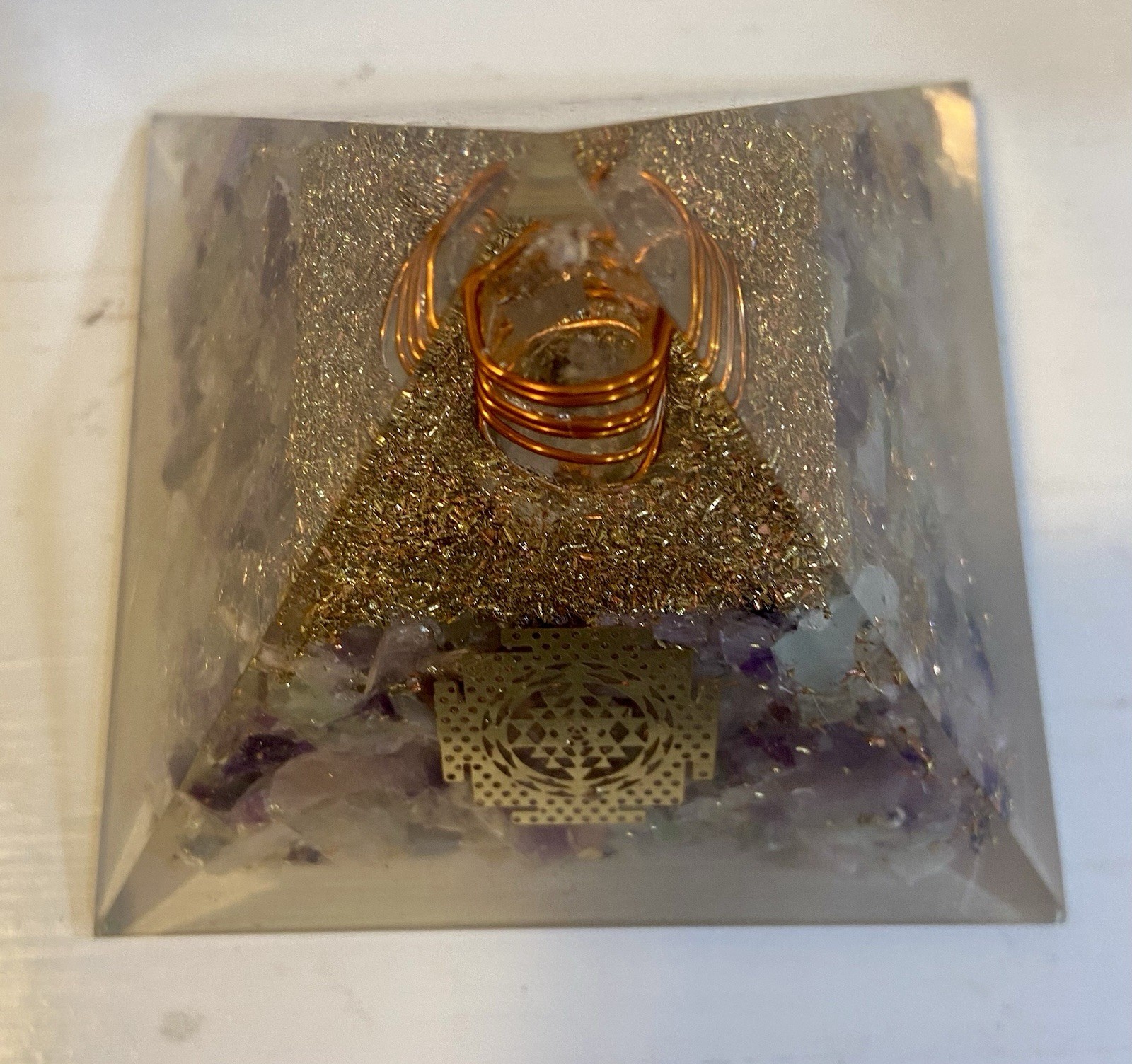 Orgone Fluorite Crystal & Resin Energy Pyramid Handmade 3”x 3”Base & 2.5”Tall