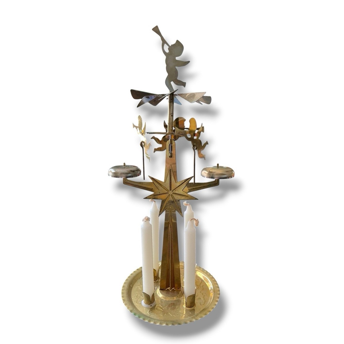Vtg Christmas Angel/Party Chimes Candle Holder Set Brass Swedish