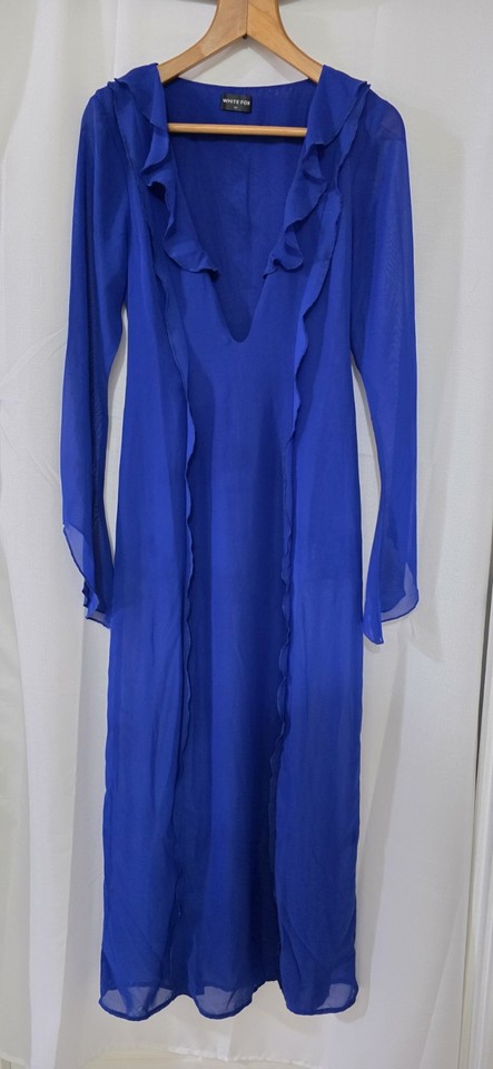 White Fox Blue Solid Sheer Chiffon Ruffle V-Neck A-Line Long Dress Size S