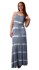 Spaghetti Strap Scoop Neck Gathered Waist Tie Dye Summer Maxi Dress Grey Medium