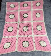 Vintage Pink White Flower Granny Square Crochet Knit Blanket Afghan 72" x 47"