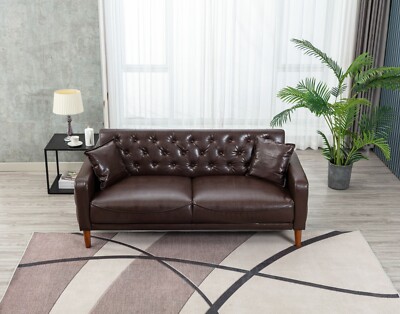 US Moden 77''  3-Seater Brown PU Leather tufted buttons Sponge Sofa With 2Pillows