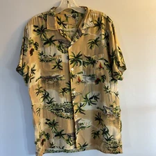 Island Aloha Wear Mens Shirt M Hawaii TanPalm leaves Hawaiian Tiki @B