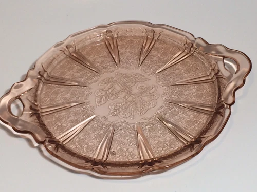 Jeannette Glass Pink Depression CHERRY BLOSSOM 12 5/8" Handled Serving Tray