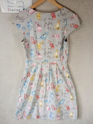 Cath Kidston London Dress Womens Cats/Kittens UK S 8 Grey Pink Blue Yellow Lined - Picture 12 of 18