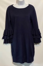 Alya S Navy Blue Layered Ruffle Sleeves Short Shift Soft Rayon Sweater Dress