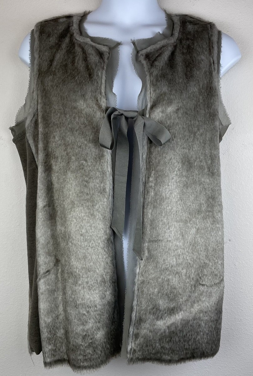 Simply Vera Wang Faux Fur Vest Ribbed Knit Sides Chiffon Trim Tie