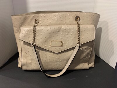 Kate Spade A La Vita Ivory Ostrich Halsey Tote Bag Gold Chain Handle  Leather