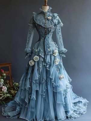 Blue Vintage Victorian High Neck Ball Gown 3D Floral Lace Evening Gown Special