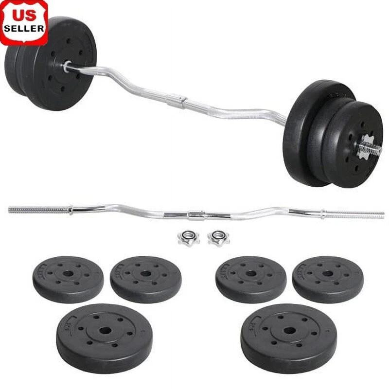 55 lb Barbell Dumbbell Weight Set Strength Training Curl Bar Home Gym Equipment