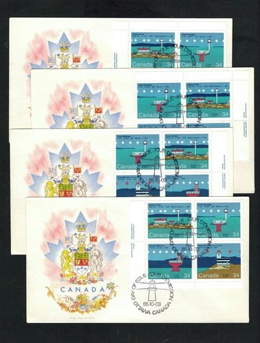 Canada #1063-66, 1985 34¢ Lighthouse matched Plate Blocks on 4 R. G. Sharpe FDCs