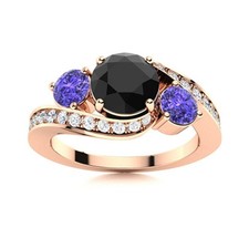 5MM Round Black Spinel  Tanzanite 925 Silver Rose Plated Three Stone Women Ring