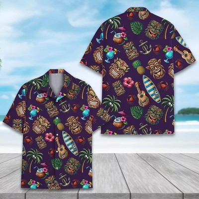 Tiki Mask Hawaiian Shirt Tropical Beach Summer Vacation Men's