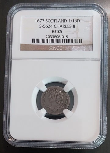 SCOTLAND 1677 Charles II 1/16 Dollar Scarce FINEST Graded NGC VF25 - POP ONLY 1
