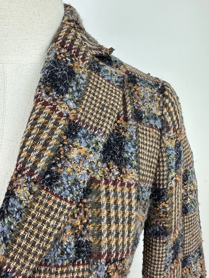 Blazer de tweed vintage Y2K talla 2/XS marrón chocolate a cuadros mezcla de lana Foto 3 de 4