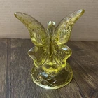 Vintage Fenton Yellow Butterfly in Flight Glass Branch Round Base Ring Holder