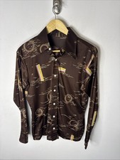 Vintage 70s Disco Geometric Print Button Down Shirt Brown M 15-15.5