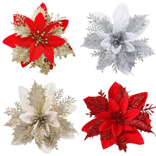 40 StüCk Weihnachtsblumen, Glitzernde BlumenköPfe in Rot und Gold für Dekor1926