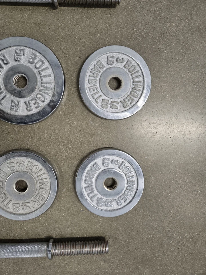Vtg Bollinger Dumbell 4 Plates Weights 3 lb 1.4kg 2 5lbs 2.25kg Chrome Threaded - Image 4 of 4
