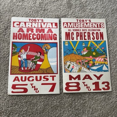 Vintage Toby s Carnival McPherson Kansas Poster Advertising Amusement Rides Pair