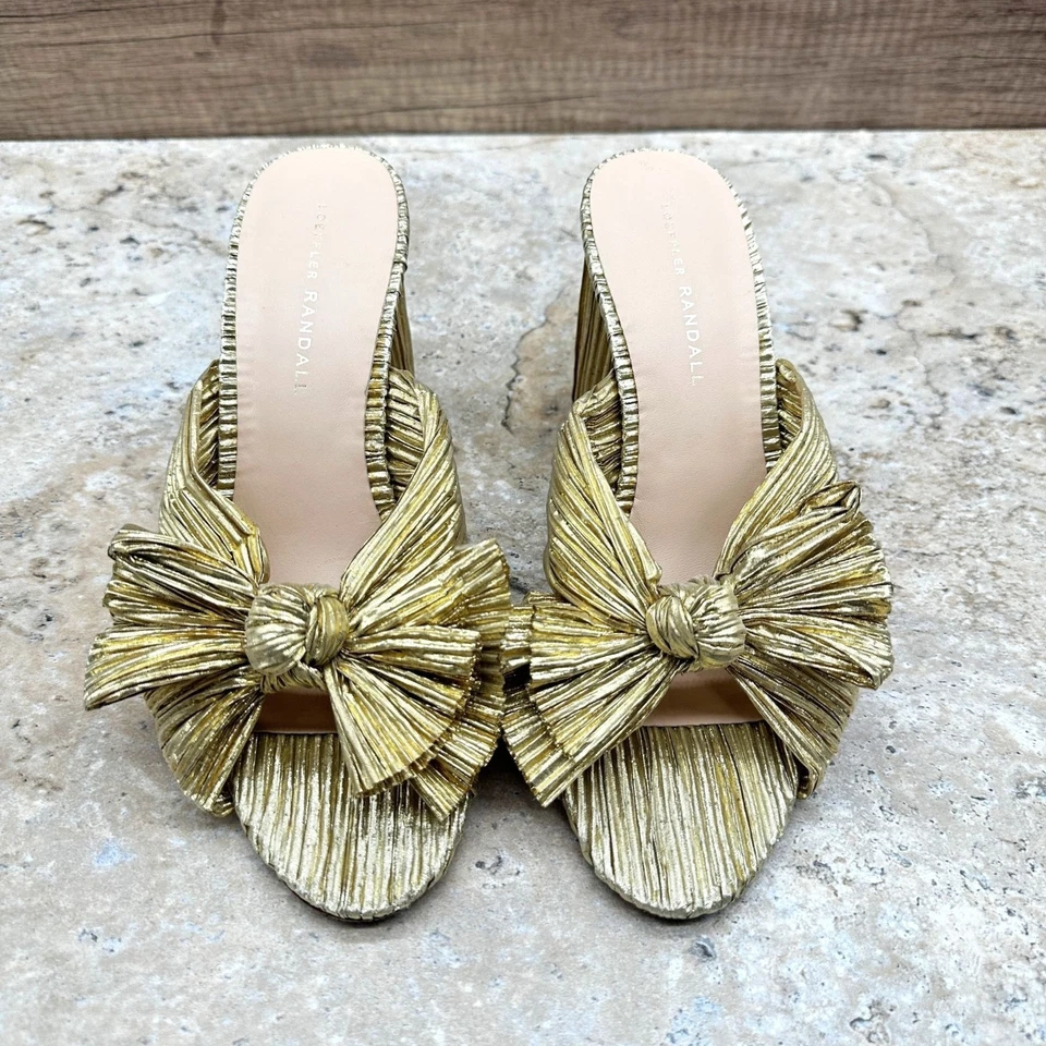 Loeffler Randall Womens Mules Bow Heels Emilia Gold Pleated Block Heel Size 9B - Image 2 of 4