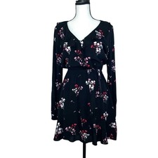 EXPRESS Woman's Black Floral Ruffle Faux Wrap Dress