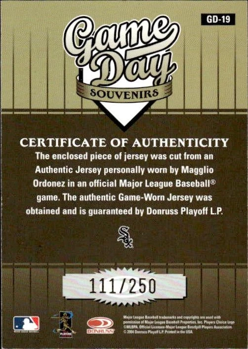 2004 Donruss Studio #GD-19 Magglio Ordonez Game Day Souvenirs /250 - Image 2 of 2