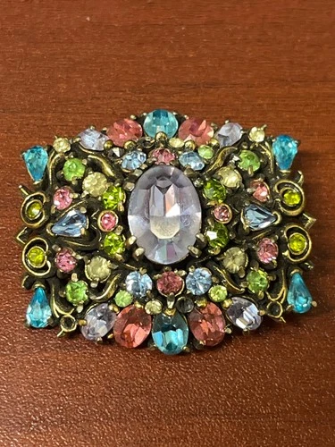 Vintage Hollycraft 1950 Multicolor Rhinestone Brooch Signed Needs Repair