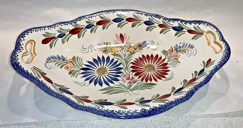 Henriot Quimper Fleuri Royal Handled Serving Bowl Large 14-1/8” X 9-3/4” France