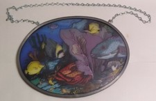 Vintage Glass Seascape Suncatcher Oval W/new Chain Beach Ocean Coastal