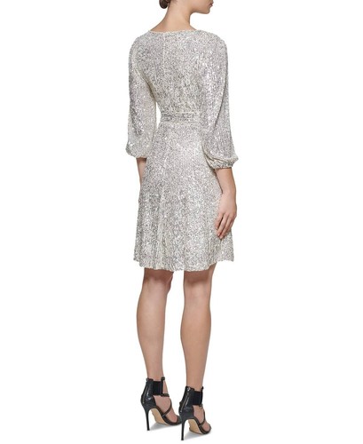 DKNY Women’s Silver V-Neck Sequin Faux-Wrap Dress 2407 Size 4 - Picture 2 of 3