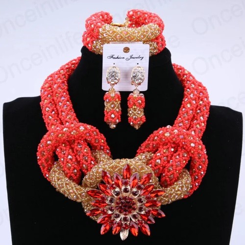 Silver Crystal Beaded African Nigerian Weddings Jewelry Set For Bridal - Picture 8 of 22