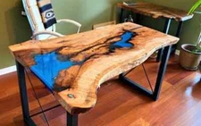 Blue Epoxy Resin Table Top, Live Edge Coffee & Dining Table Top, Furniture Decor