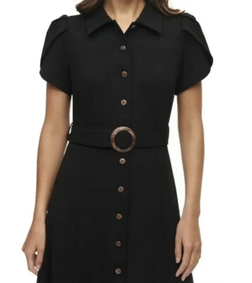 calvin klein tulip sleeve midi dress CALVIN KLEIN TULIP SLEEVE FIT&FLARE , BELTED MIDI DRESS, BLACK , SIZE 10  NWT
