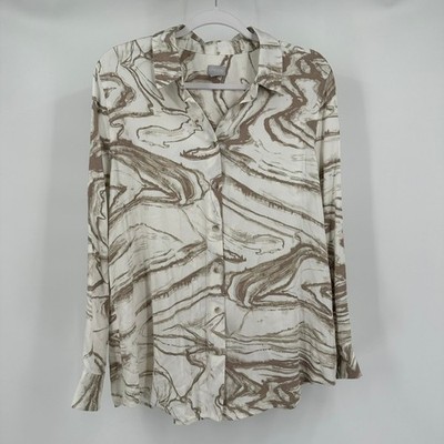 Chicos Womens Minimalist Blouse Size 2 US L Marble Print Neutral Artsy Modern