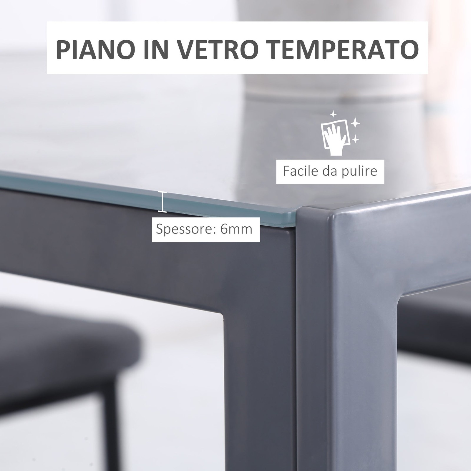 Tavolo Quadrato 75x75x75 cm in Metallo e Vetro Temperato Grigio foto 6