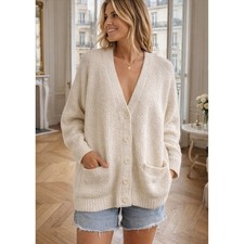 Aerie Textured Knit Boyfriend Cardigan Cream Ivory Button Front Pockets Size S