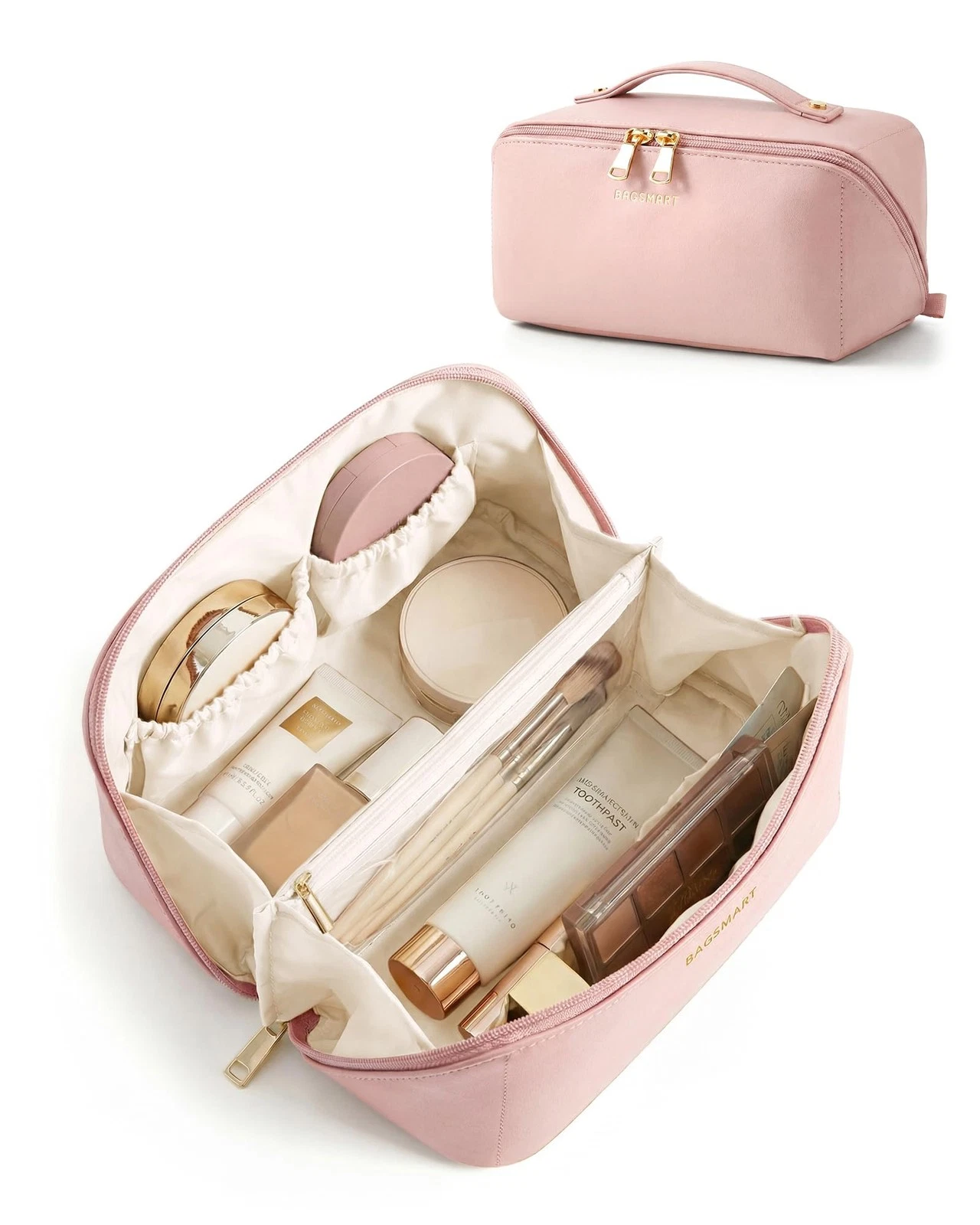 BAGSMART Makeup Bag Travel Cosmetic Bag, Large Make Up Bag Flat Open Toiletry...