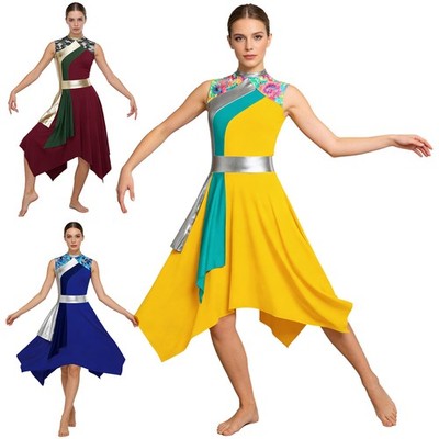 US Women Dance Dress Color Block Irregular Flowy Skirt Church Lyrical Costume