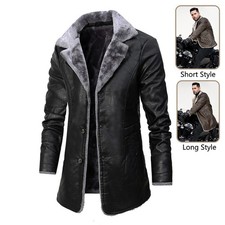 Plush Lapel Leather Jacket Winter Warm Fleece Single-breasted Coat For Men Long