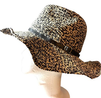 PUGS BROWN/TAN PAPER STRAW SUN HAT, WIRED BRIM, FAUX LEATHER BUCKLED BAND, OS